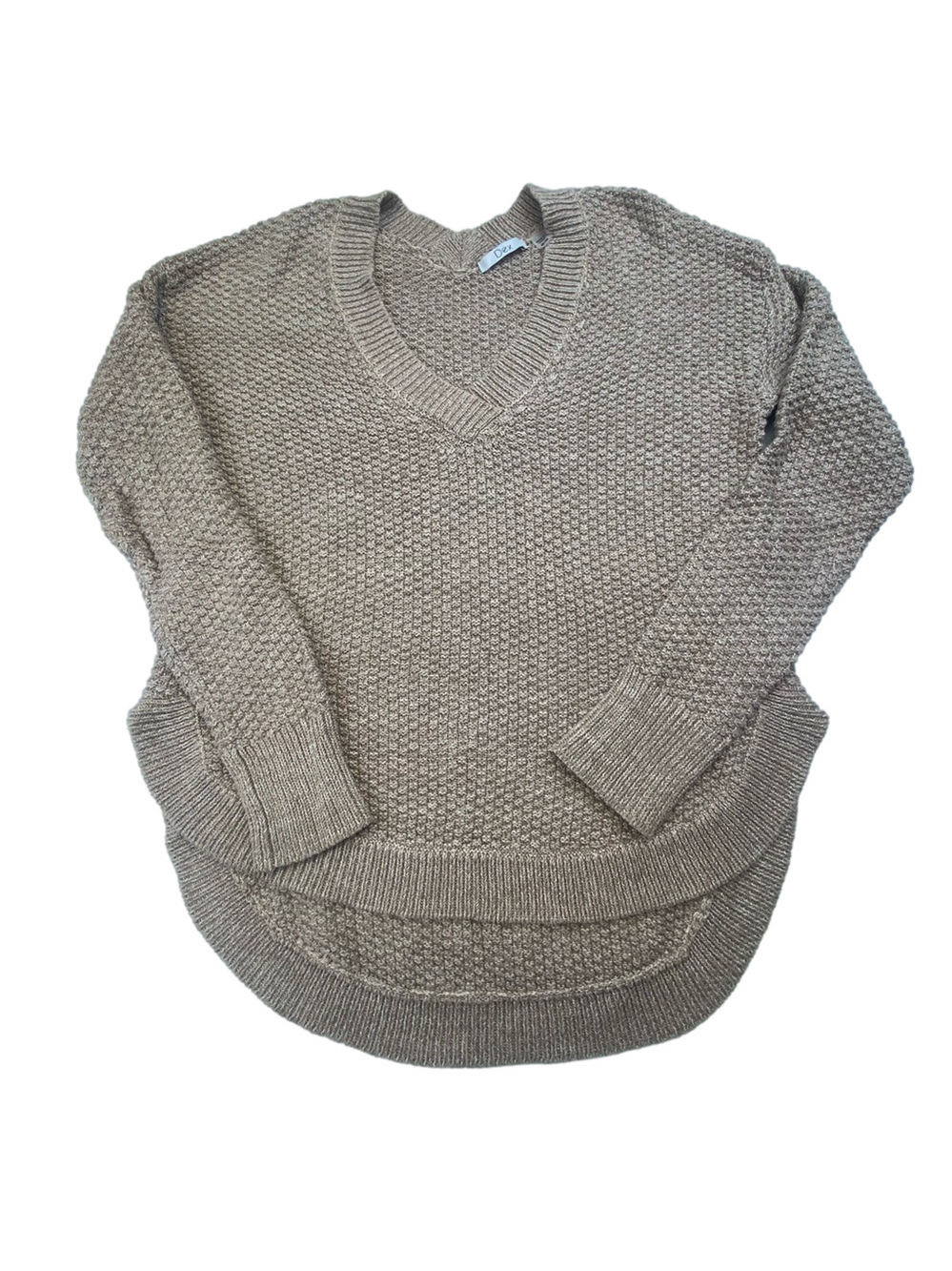 Dex Knit Sweater Cotton Blend Textured V-Neck Round Hem Long Sleeve Taupe W EUC